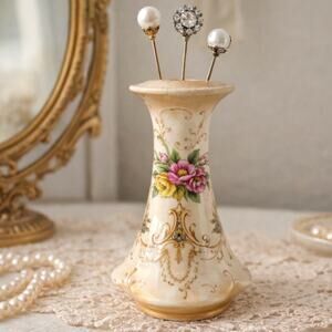 Antique Victorian Porcelain Hatpin Holder Art Deco Floral Collectors Cottagecore